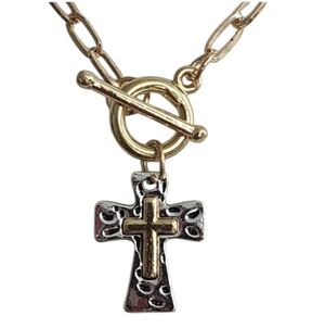 Two Tone Cross Paper Clip Pendant Necklace